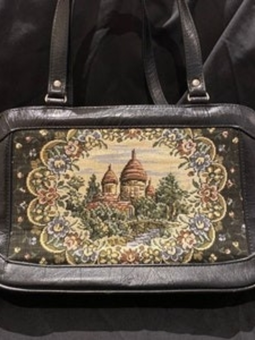 Vintage Tapestry Panel Black Tote Bag